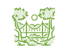 Illustration of two cypress trees with the Golden Gate in the background