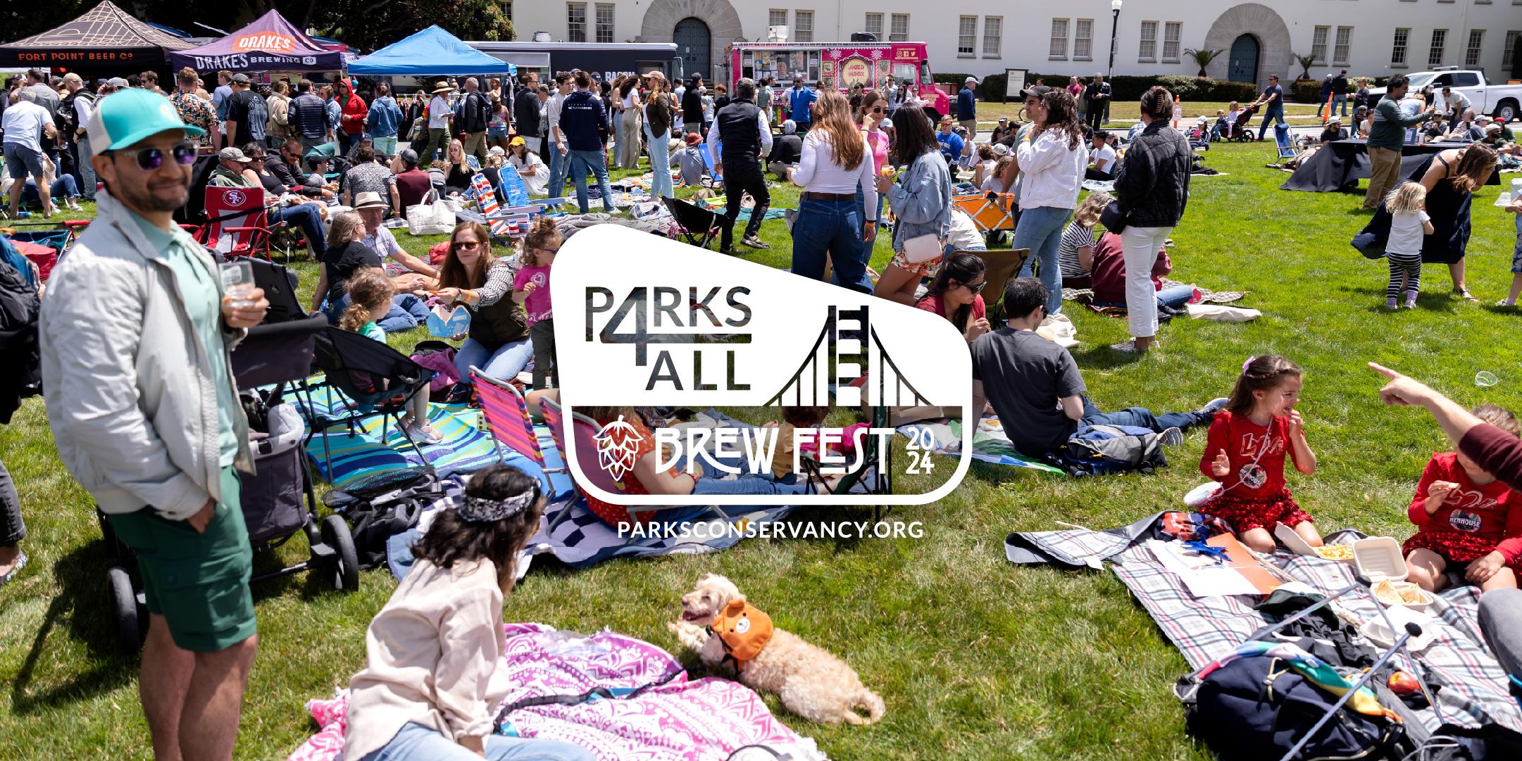 Large group of people having a picnic on the grass with the Parks for all Brewfest logo overlayed on the image