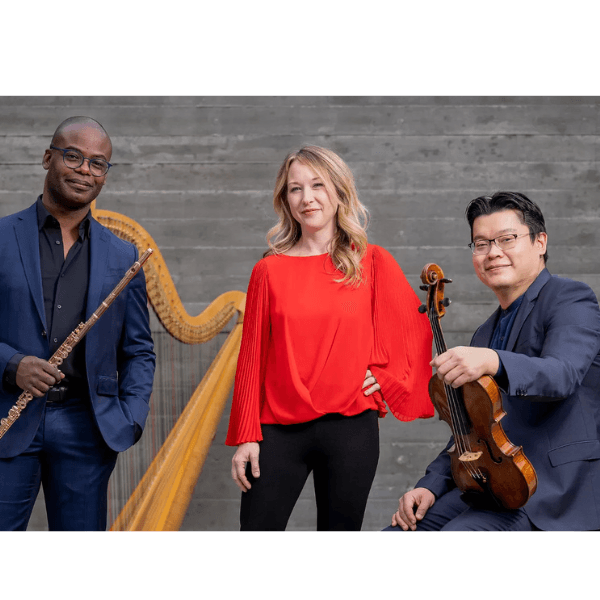 two men with a woman in red in the middle that create a musical trio
