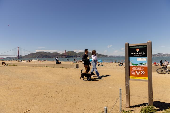 Two people and a dog walk at Crissy Field East Beach.