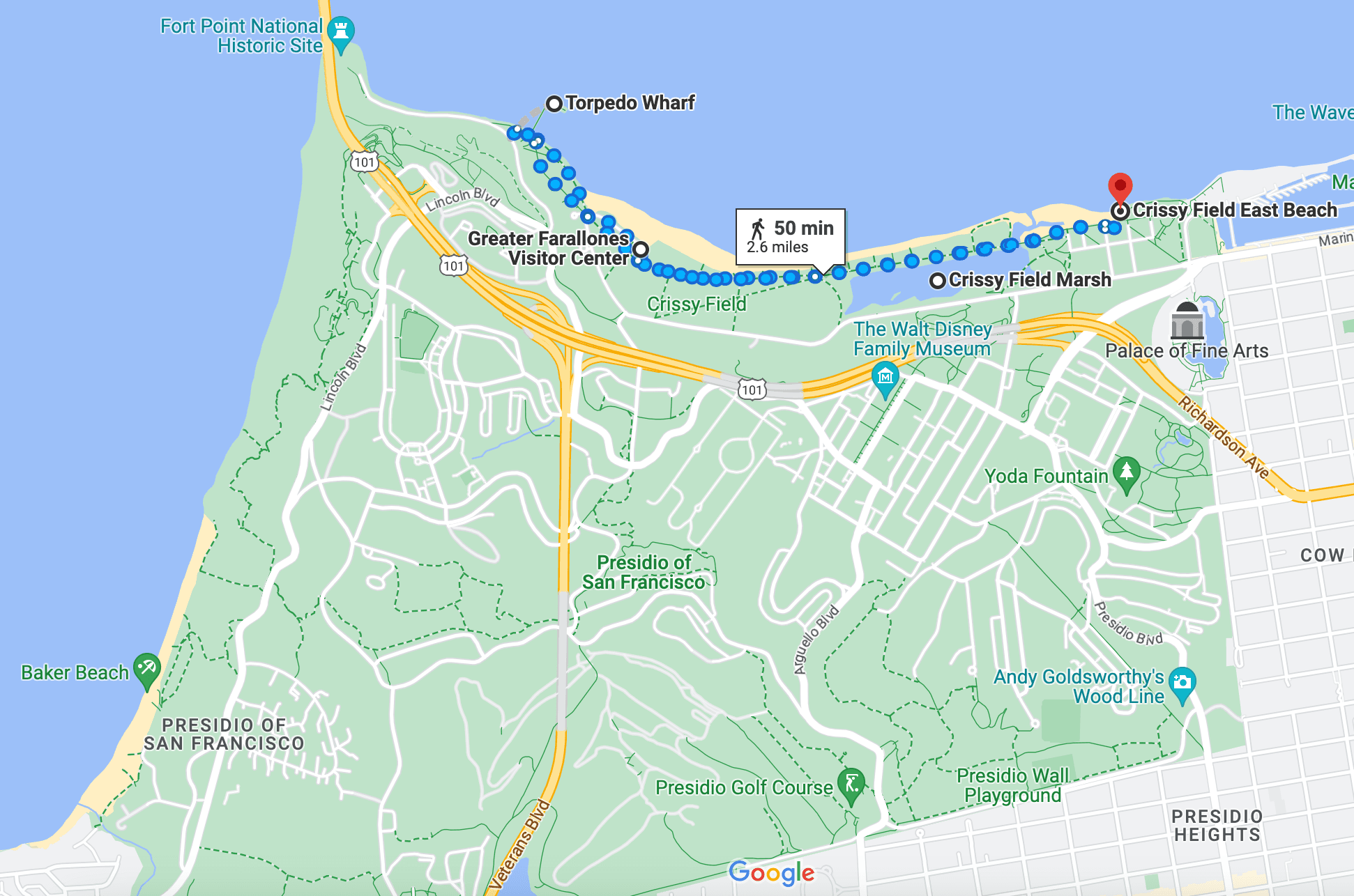 Overview of Crissy Field East Beach itinerary at the Presidio of San Francisco.