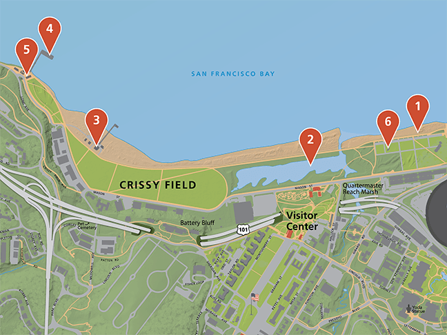 Map indicating the stops on the A Day at Crissy Field East Beach itinerary.